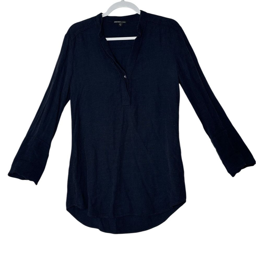 James Perse Top Women Size 3 US Large Navy Blue Long Sleeve Linen Blend Pullover